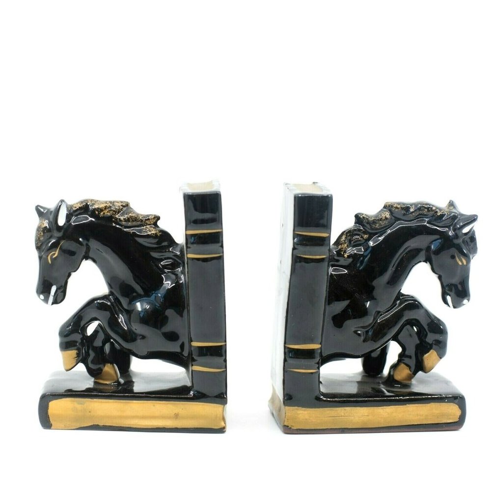 Horse Bookends with Pen Holders, Black and Gold